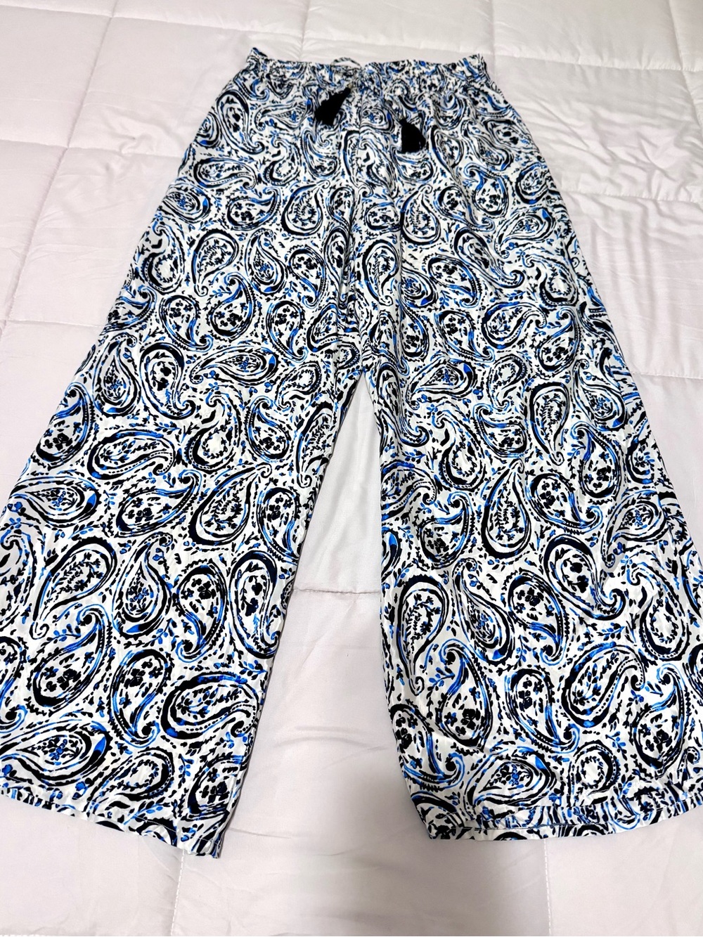 Women’s Blue & Black Paisley Casual Drawstring Wide Leg Pants